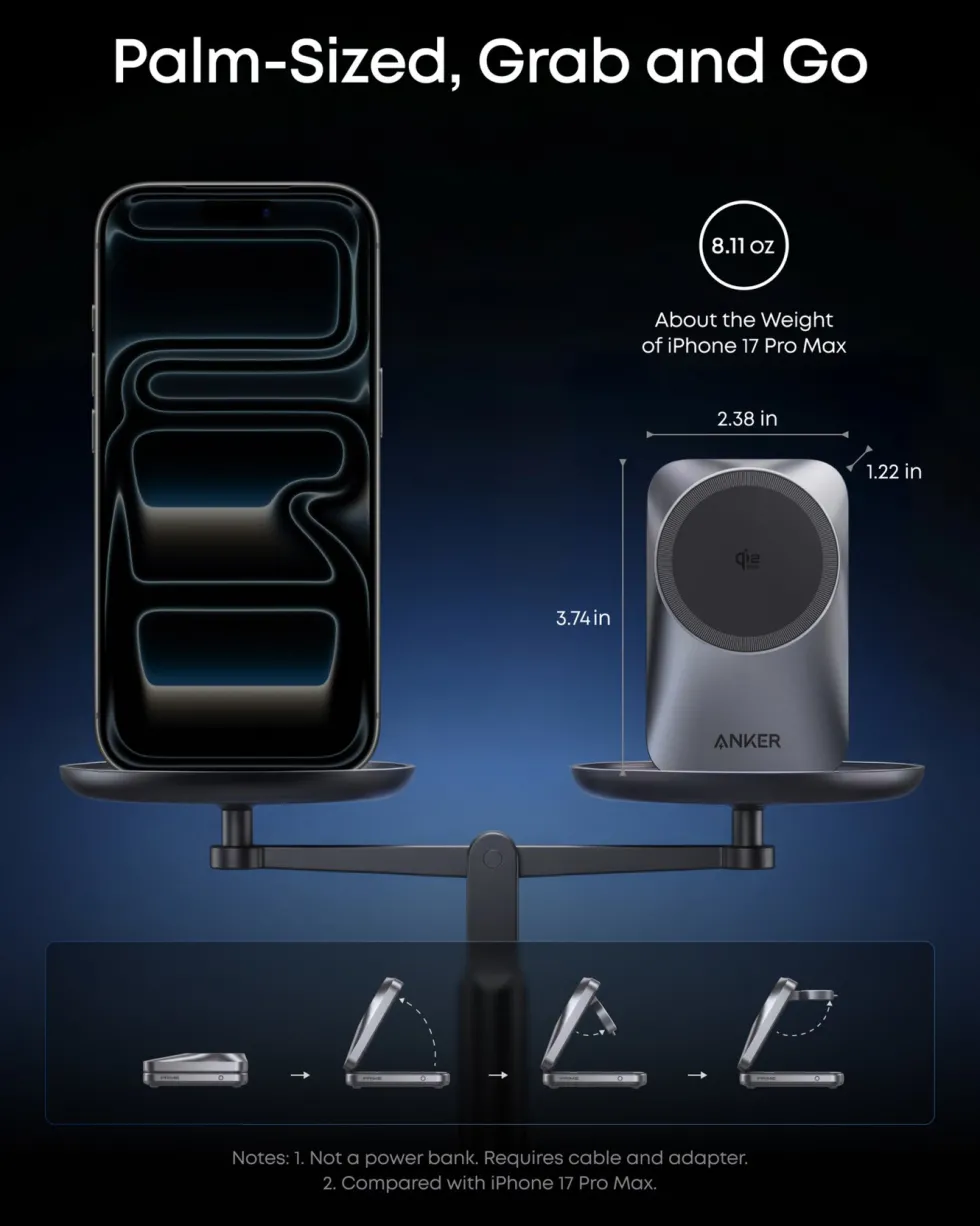 Anker Prime Foldable trådløs ladestasjon 3-i-1 MagGo Svart