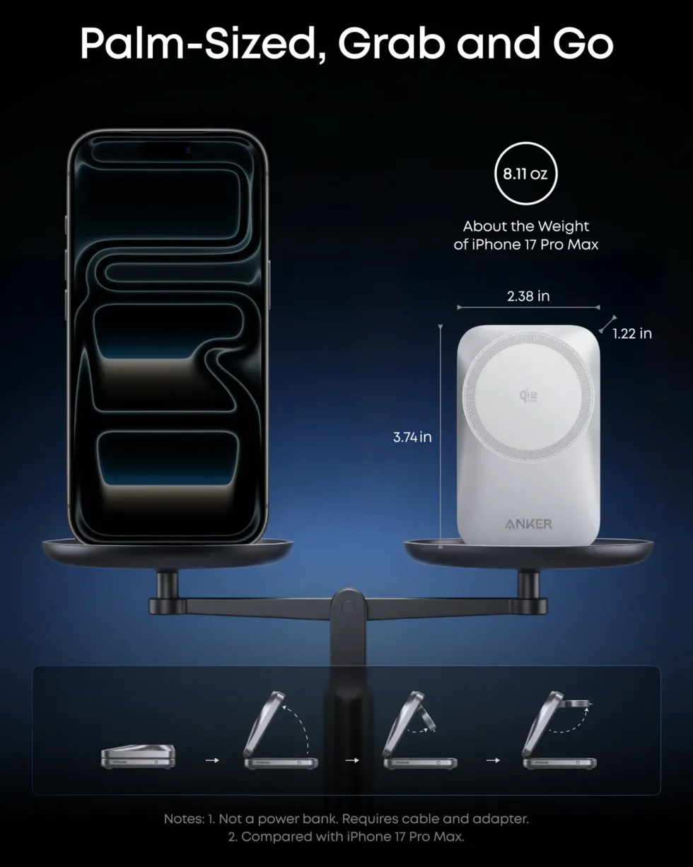 Anker Prime Foldable trådløs ladestasjon 3-i-1 MagGo Sølv