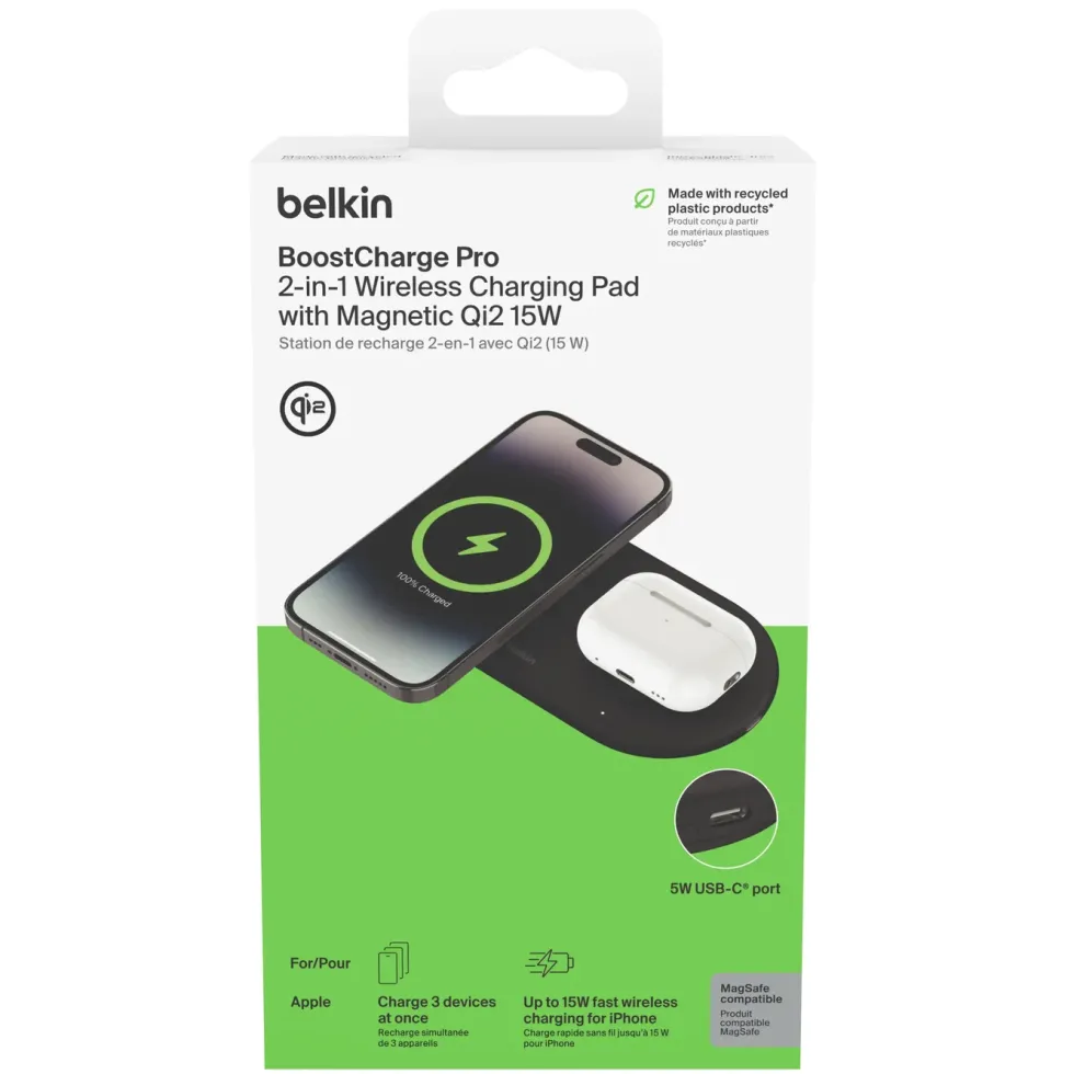 Belkin BoostCharge Pro 2-i-1 med Qi2 15 W Svart