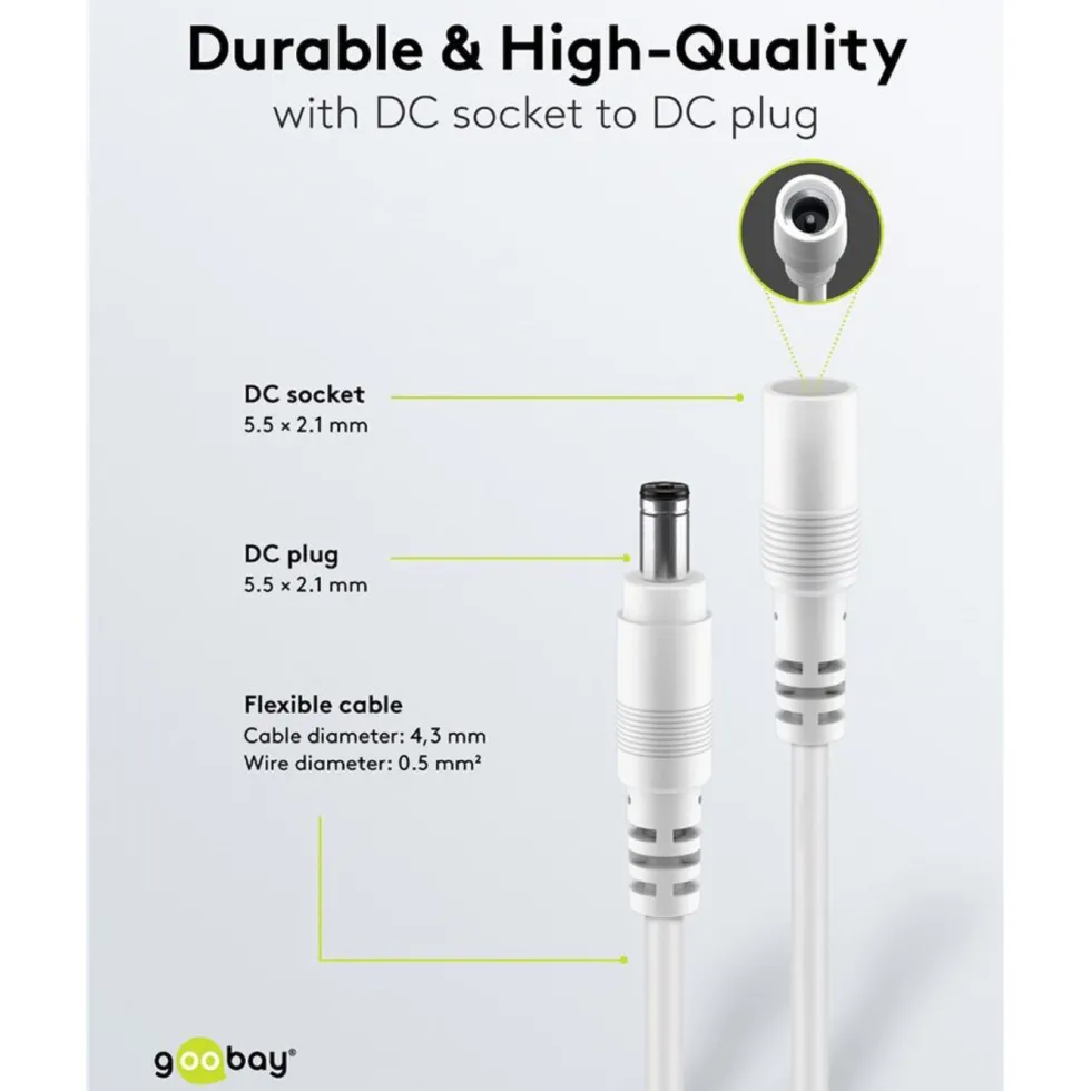 DC-forlengelseskabel 5,5x2,1 mm 3 m Hvit