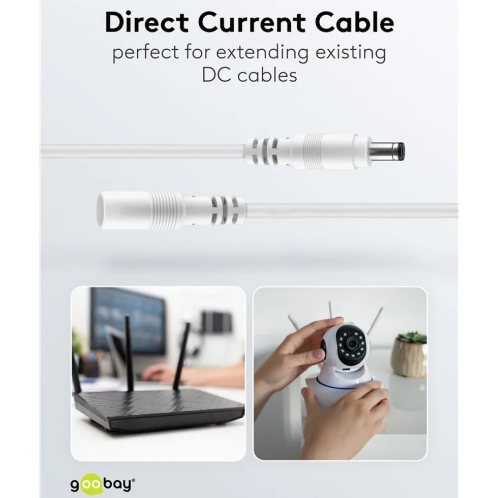 DC-forlengelseskabel 5,5x2,1 mm 3 m Hvit