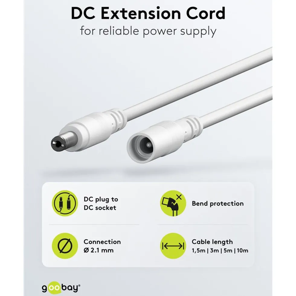 DC-forlengelseskabel 5,5x2,1 mm 3 m Hvit