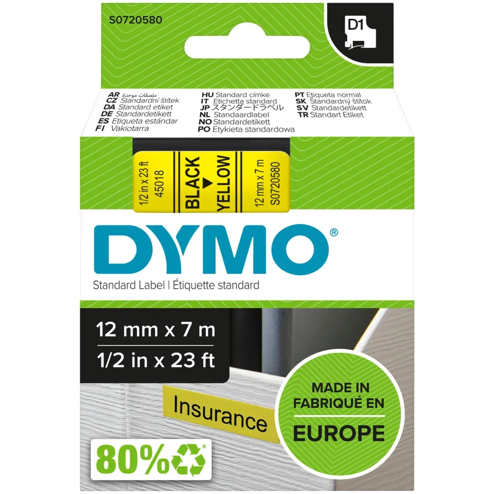 Dymo D1-merketape 12 mm Gul