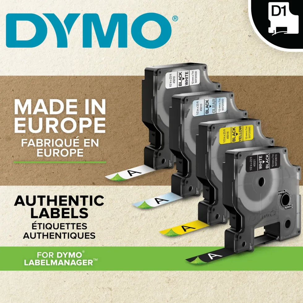 Dymo D1-merketape 12 mm Hvit