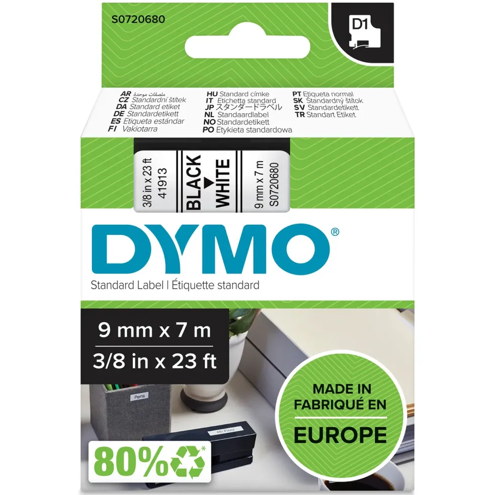 Dymo D1-merketape 9 mm Hvit