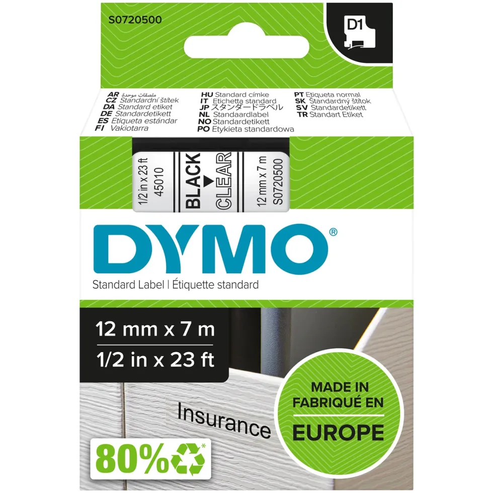 Dymo D1-merketape 12 mm Klar