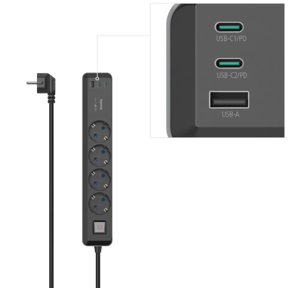 Hama Grenuttak med USB-C/A 65 W PD 4-uttak