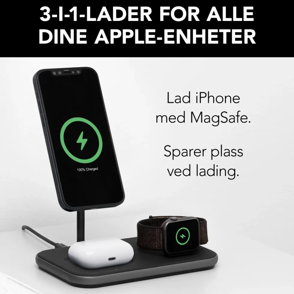 Linocell Premium 3-i-1-ladestasjon med MagSafe-kompabilitet