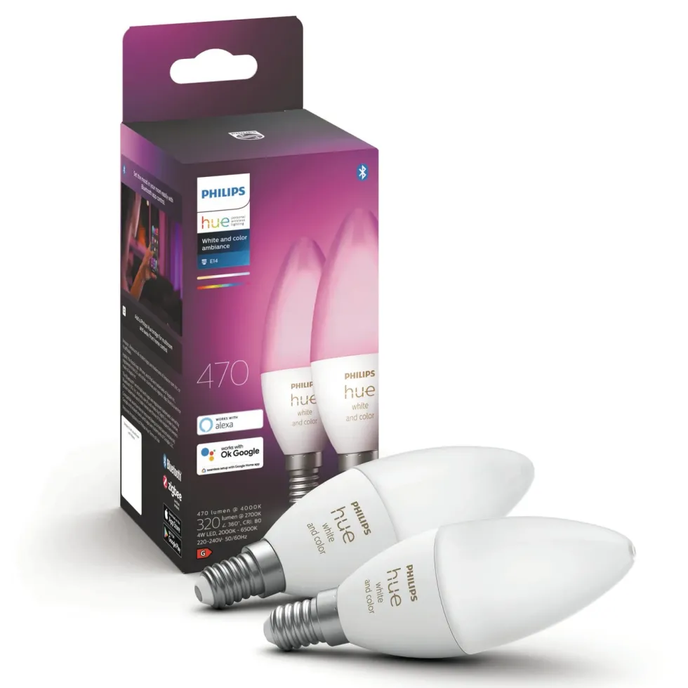 Philips Hue Color Ambiance Smart LED-pære E14 470 lm 2-pk.