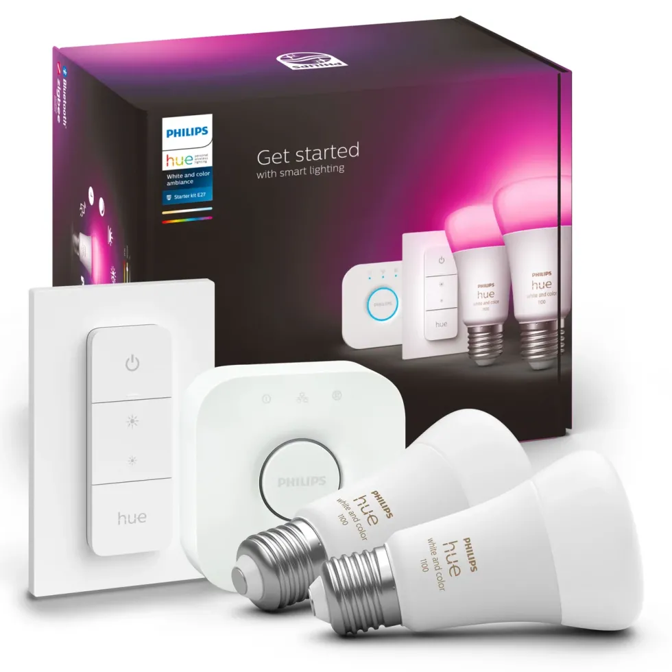Philips Hue Startpakke: 2x White & Color E27 + Dimmer + Bridge