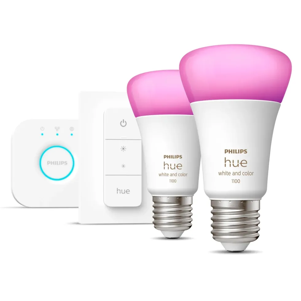 Philips Hue Startpakke: 2x White & Color E27 + Dimmer + Bridge
