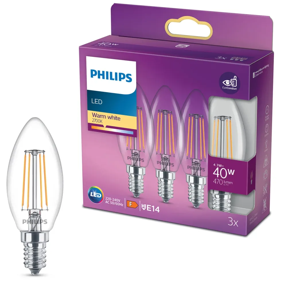 Philips LED-pære Mignon LED E14 470 lm 3-pk.