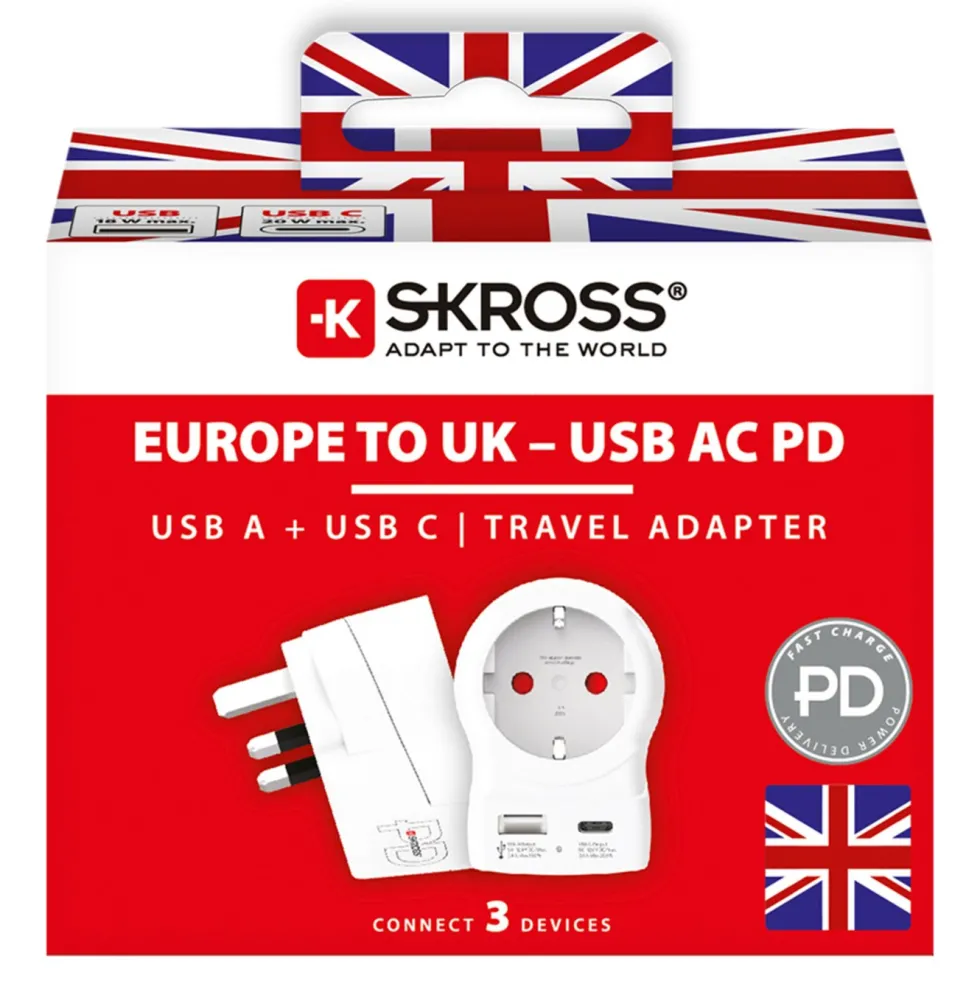 Skross Reiseadapter Europa til UK USB AC PD 20W