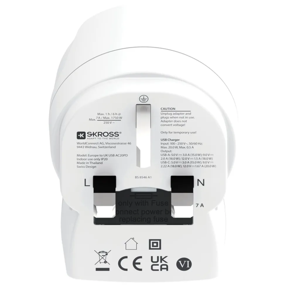 Skross Reiseadapter Europa til UK USB AC PD 20W