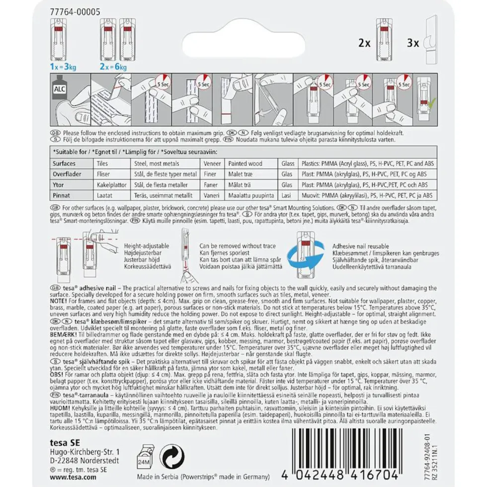 Tesa Justerbar limspiker for kakkel og metall 3 kg 2-pk.