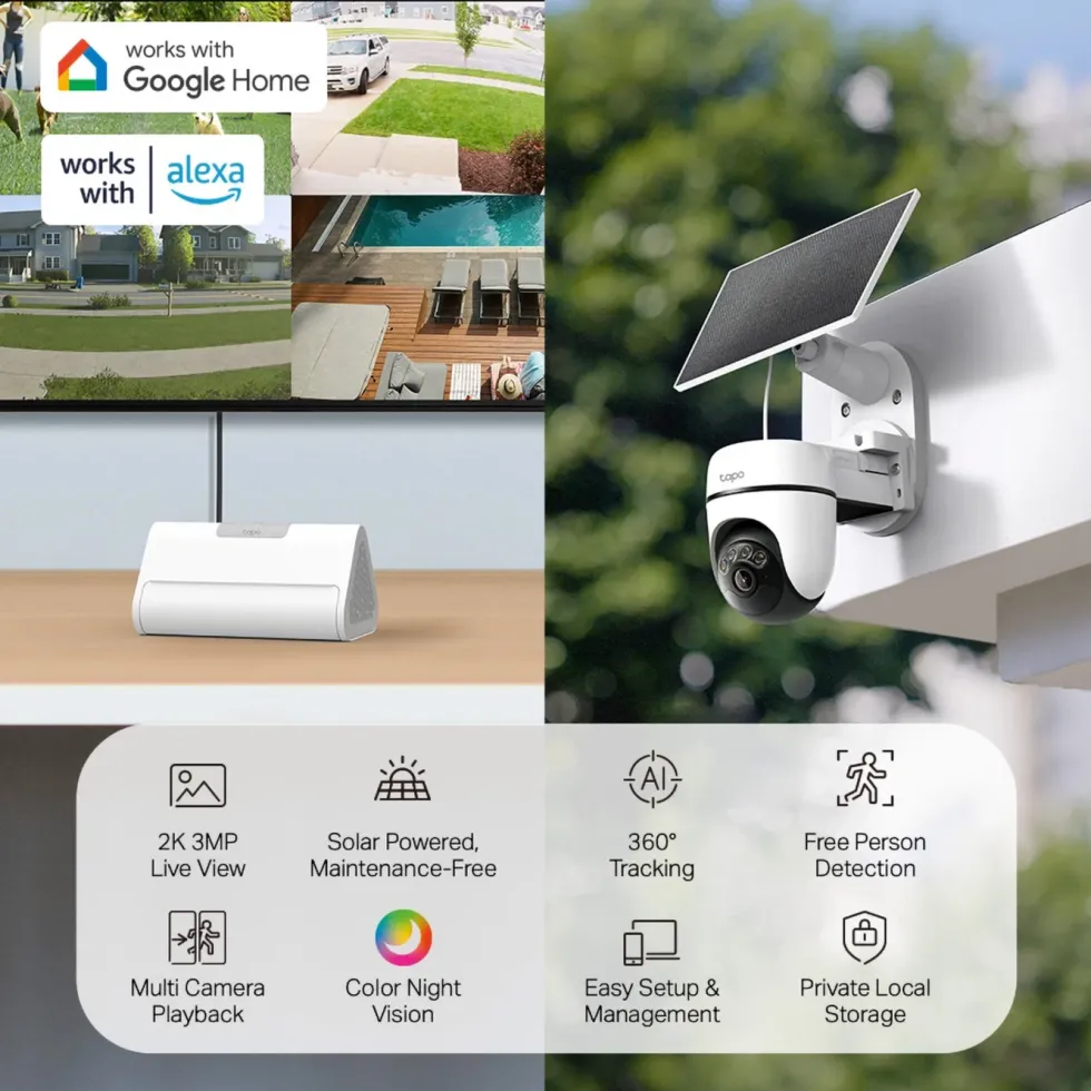 TP-Link Tapo HB112 Solcelledrevet overvåkingskamera 2K pan/tilt 2-pk. Hvit