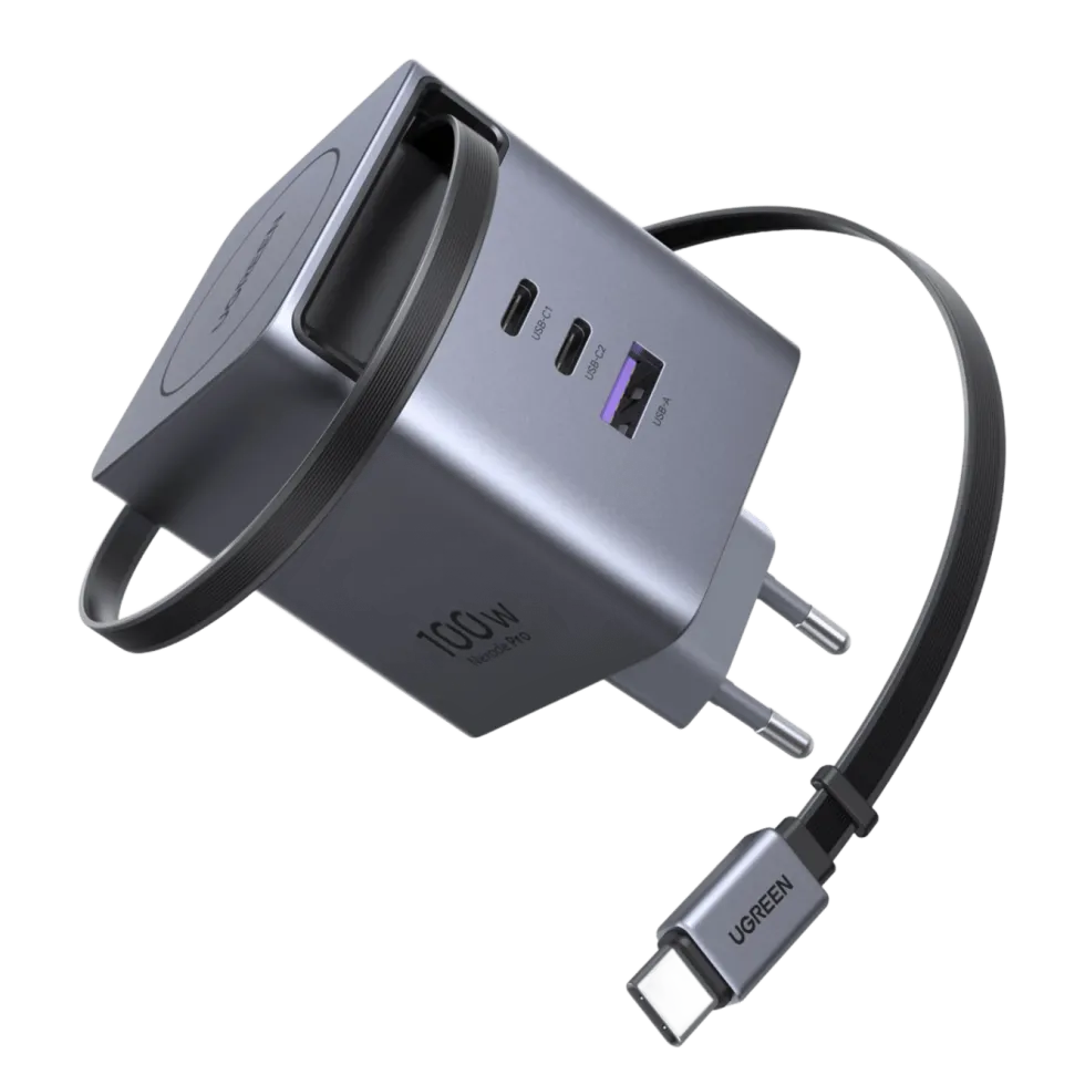Ugreen Nexode 100 W GaN-hurtiglader med uttrekkbar USB-C-kabel