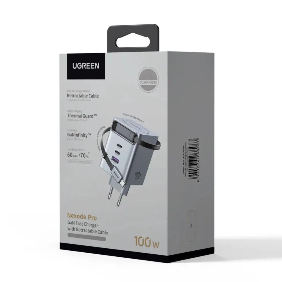 Ugreen Nexode 100 W GaN-hurtiglader med uttrekkbar USB-C-kabel