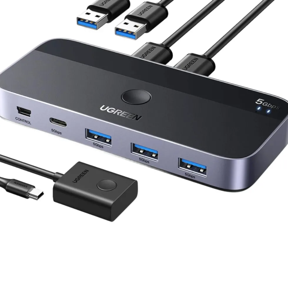 Ugreen USB 3.0-switch for deling av USB-enheter mellom to datamaskiner